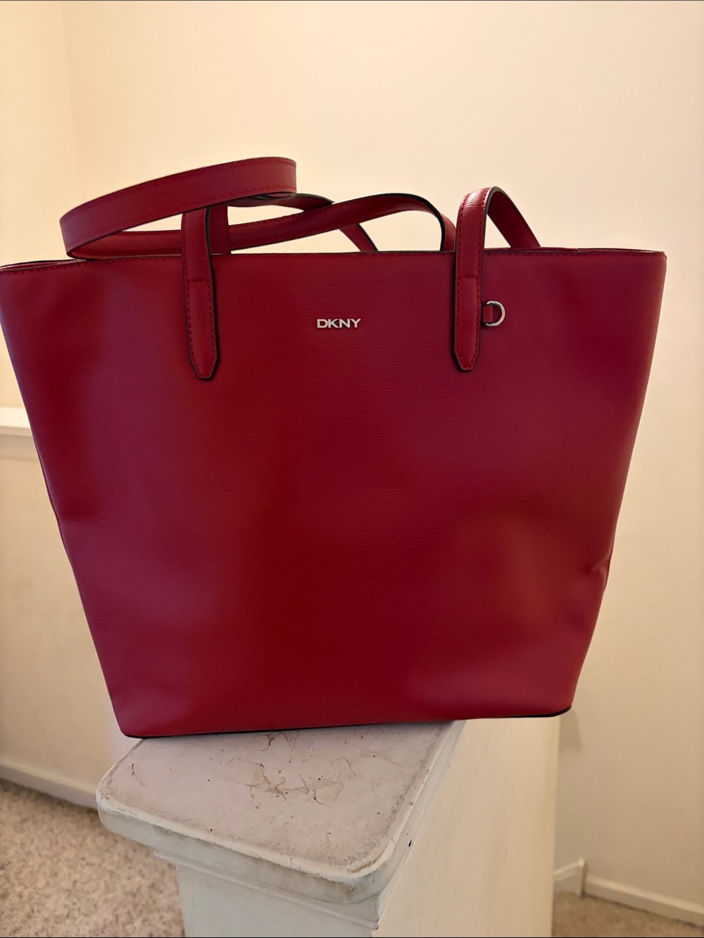 DKNY Red Leather Shopper Tote with Dust Cover